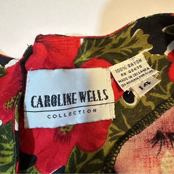 Vtg 80s Caroline Wells Peplum Rayon Dress Red Floral - Picture 2 of 9